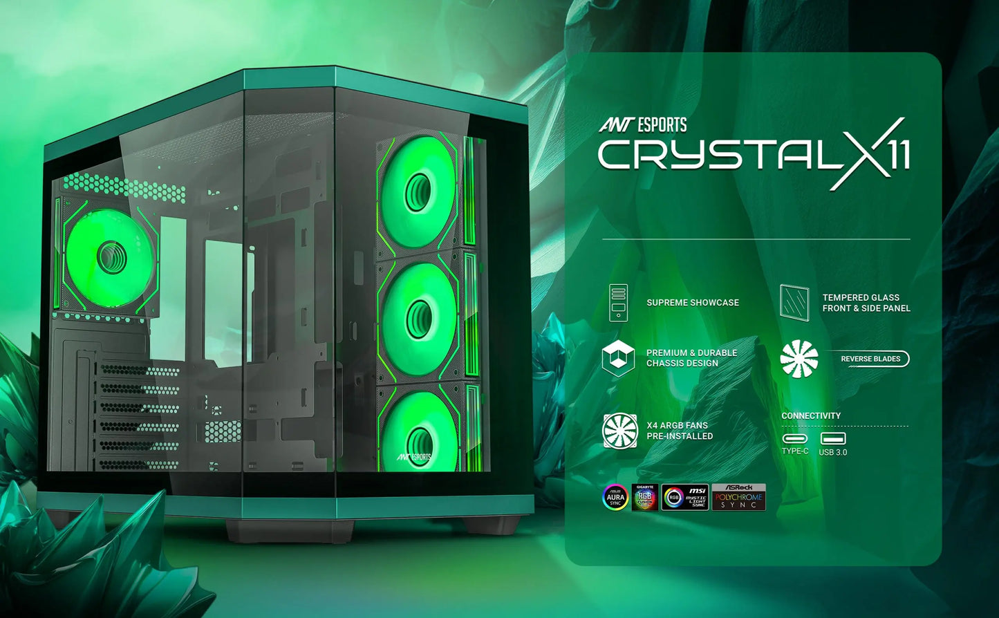 Ant Esports Crystal X11 ARGB (ATX) Mid Tower Cabinet (Green)