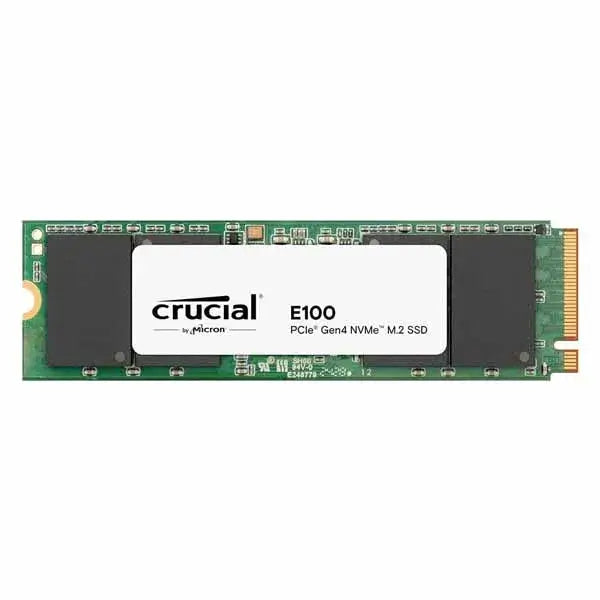 Crucial E100 1TB PCIe Gen4 NVMe M.2 SSD front view showcasing its high-speed storage capabilities.
