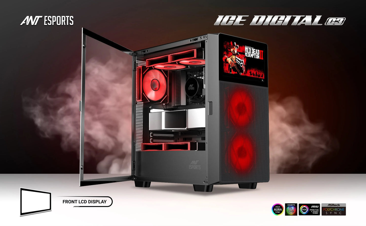 Ant Esports ICE Digital C3 ARGB ATX Mid Tower Cabinet (Black) with 8-Inch IPS Display, Tempered Glass & ARGB Fans