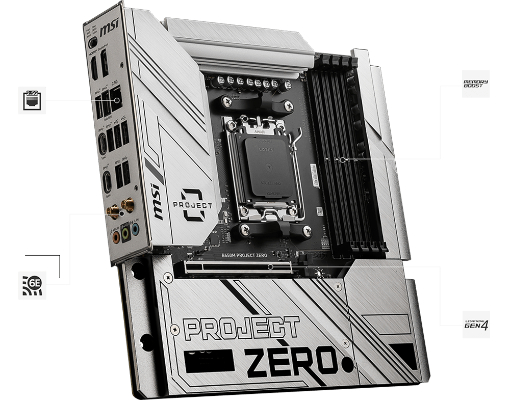 MSI B650M PROJECT ZERO DDR5 M-ATX Motherboard – AM5, Wi-Fi 6E AMD