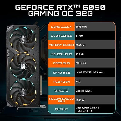 Gigabyte RTX 5090 Gaming OCPCI-E x16 32G graphics card specifications and features overview.