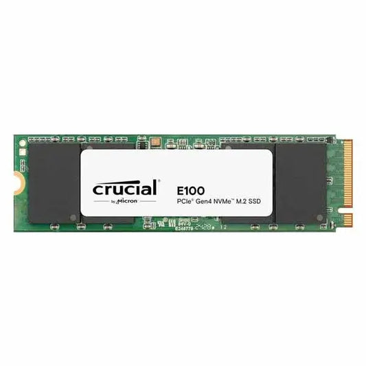 Crucial E100 1TB PCIe Gen4 NVMe M.2 SSD front view showcasing its high-speed storage capabilities.